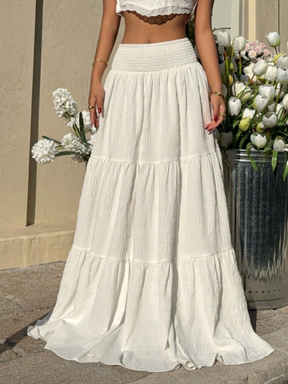 White Casual Women's Shirred Waist Ruffled Hem Skirt - Picture 3 of 6